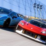 A Lamborghini Huracan STO and Porsche Mission R heading a Porsche 935 and Audi RS6 Avant on the banked corner of an oval racetrack.