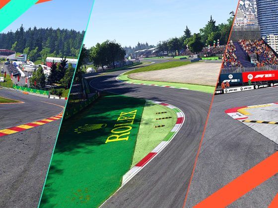 An image of Eau Rouge, Ascari, and the Swimming Pool chicane with OverTake colours.
