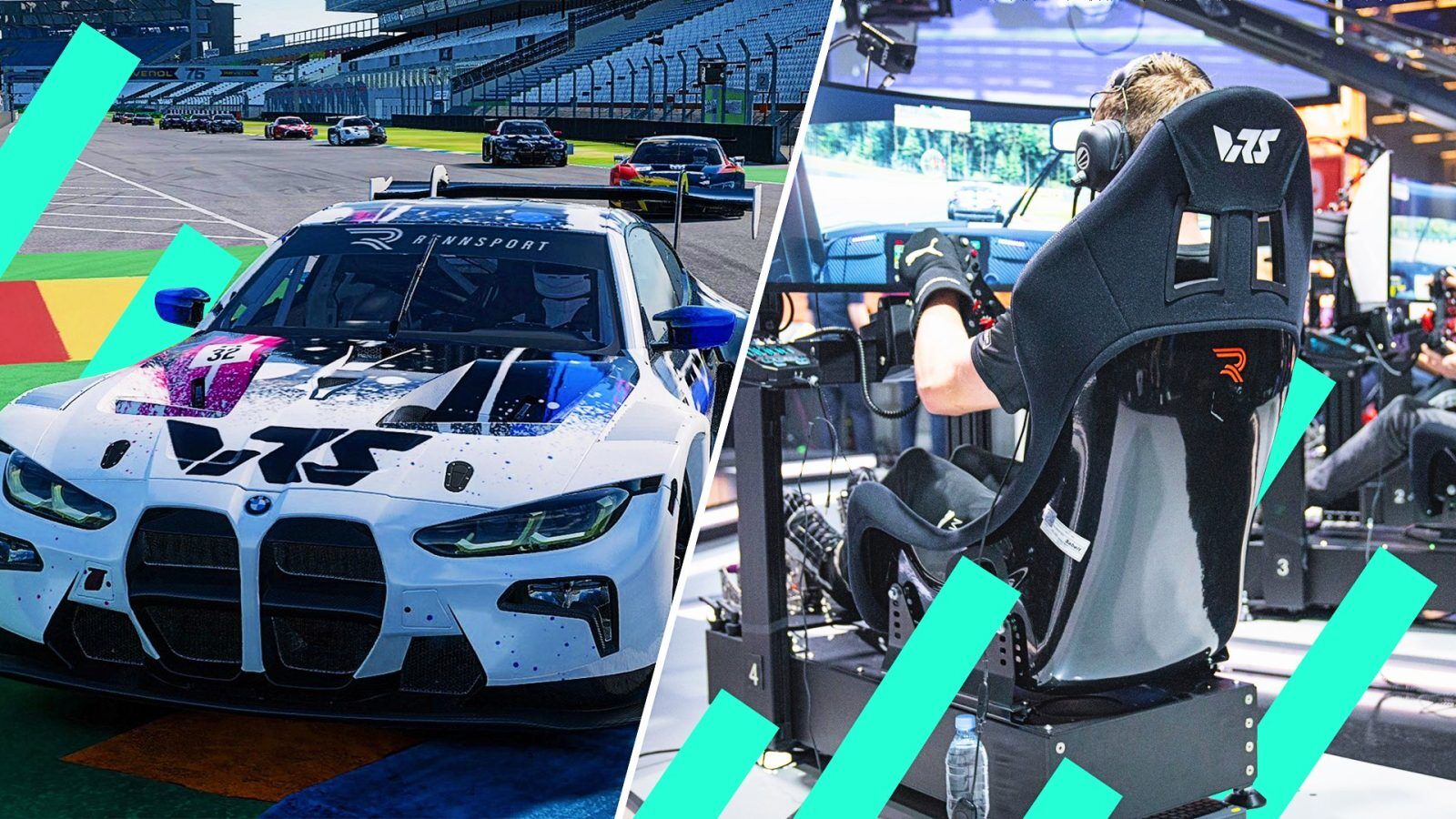 An image of a car racing in Rennsport alongside an image of an esports driver in a sim rig participating in the ESL R1 competition.