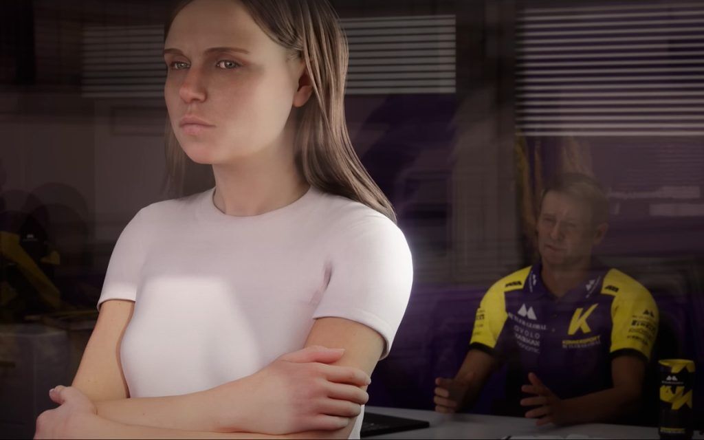 A woman in a white shirt with brown long hair looking sternly out a window with an older guy in a purple and yellow polo shirt sat down behind her.
