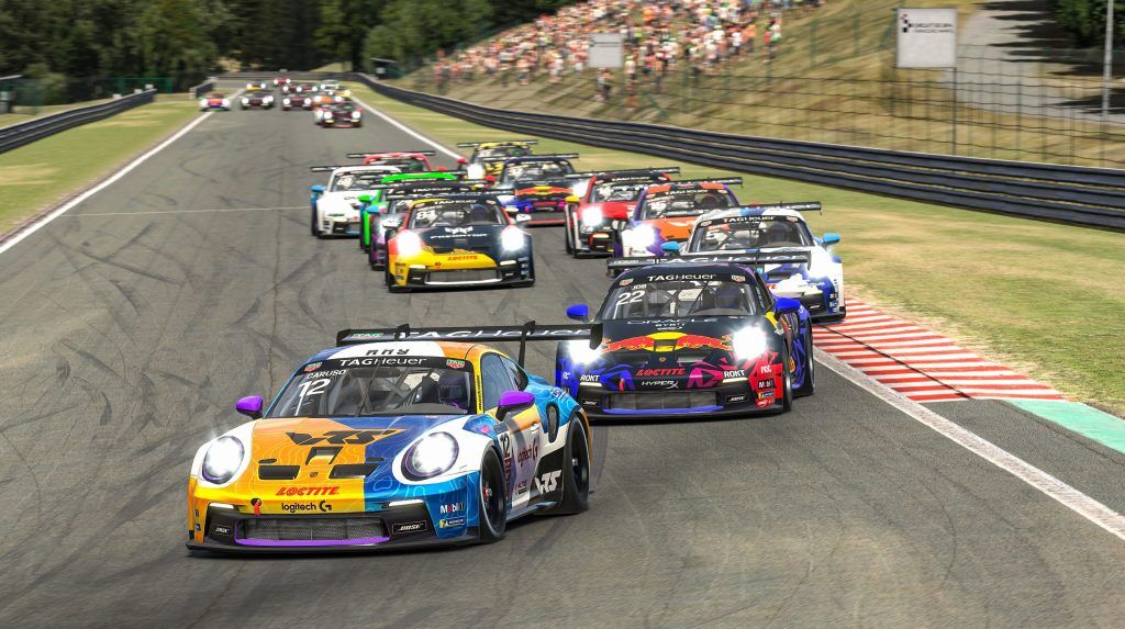 A group of Porsche 992 GT3 Cup cars on the Kemmel straight at Spa-Francorchamps.