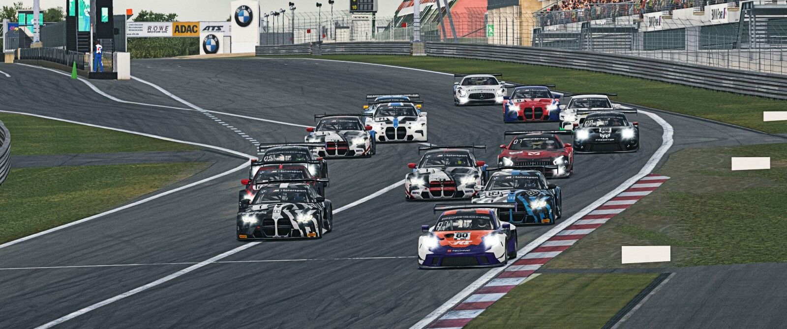 A group of GT3 cars heading towards turn 1 at the Nurburgring