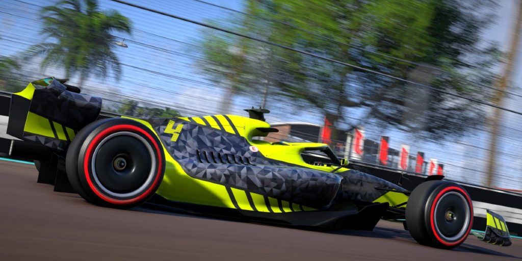 An F1 car in a triangular pattern and fluorescent yellow livery with Lando Norris' race number on the side.