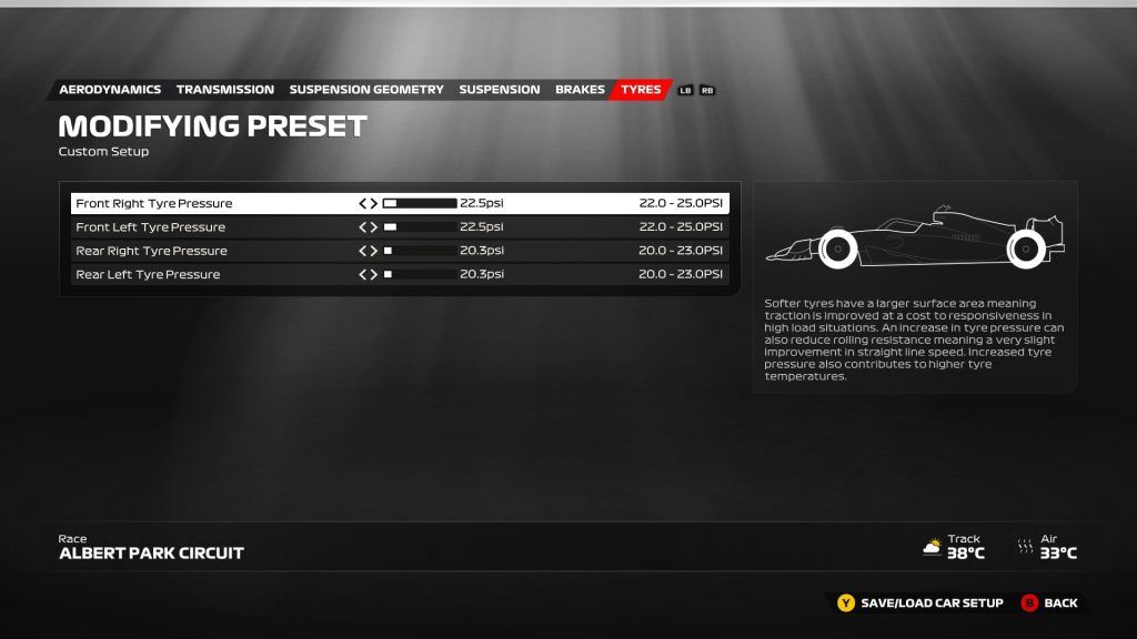 An image of the F1 23 Australia setup menu page for aerodynamics.