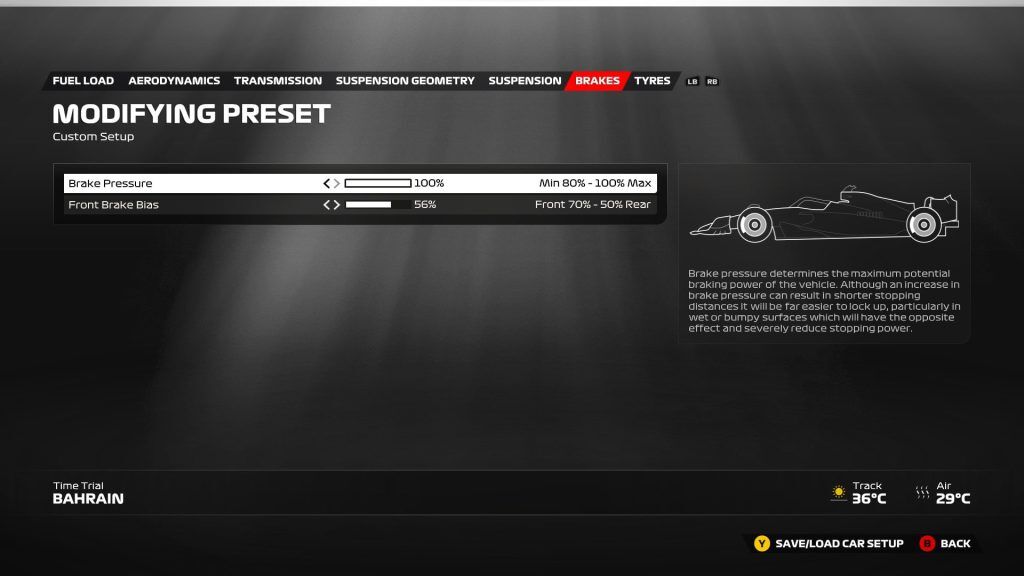 An image of the F1 23 Bahrain setup page for brakes. 