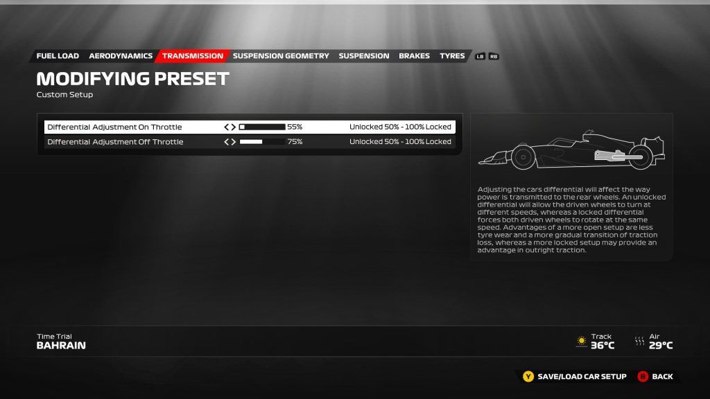 An image of the F1 23 Bahrain setup page for transmission. 
