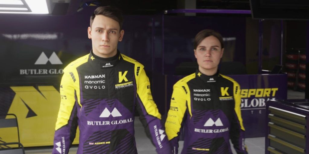 A man and woman in black, purple and yellow racing overalls.