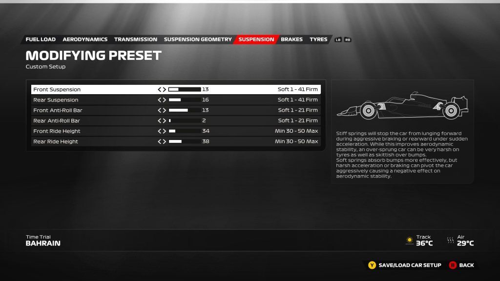 An image of the F1 23 Bahrain setup page for suspension. 