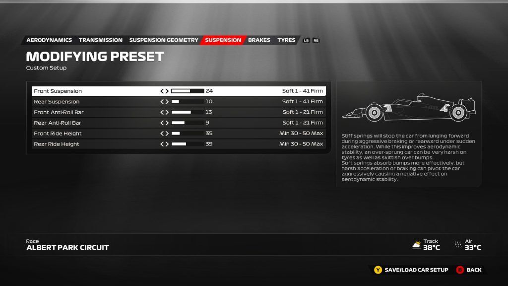 An image of the F1 23 Australia setup menu page for suspension.