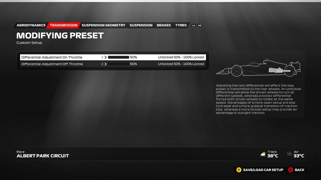 An image of the F1 23 Australia setup menu page for transmission.