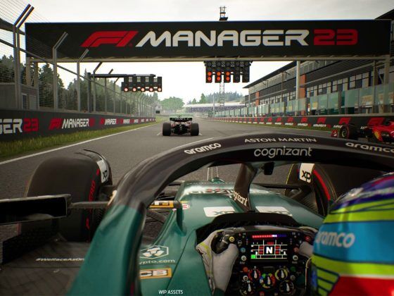 An onboard view of a green F1 car on the grid for the start of a race in F1 Manager 23