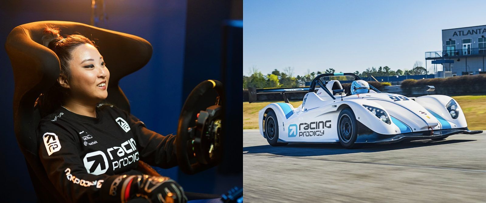 A woman on the left sat in a gaming chair using a steering wheel, and a Radical racing car on the right.