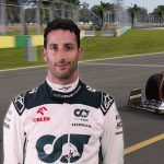 Daniel Ricciardo in AlphaTauri overalls and the AlphaTauri F1 car on F1 23 with Ricciardo's race number 3 on it.