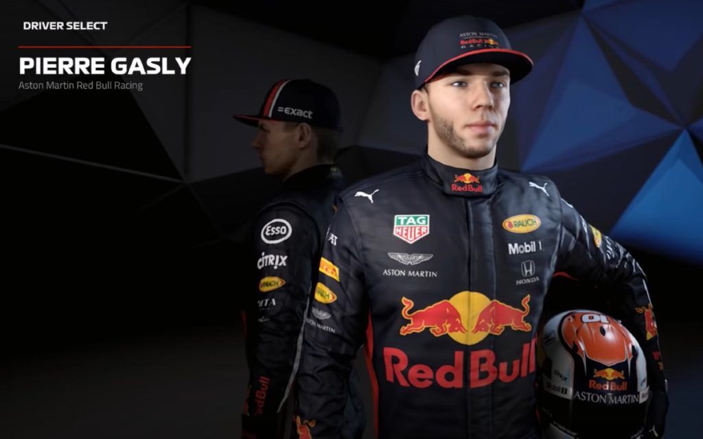 Pierre Gasly in Red Bull Racing overalls in a selection menu on F1 2020.