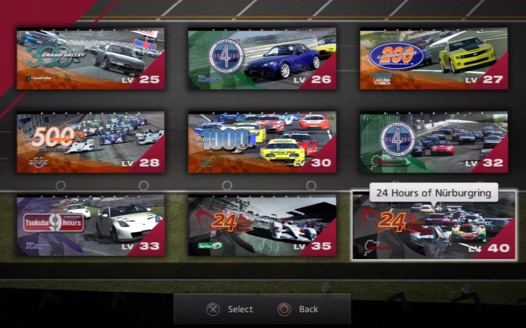 A selection of races open in the Endurance Series section of Gran Turismo 5.