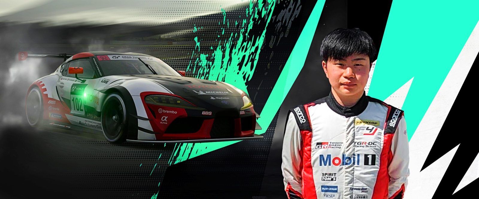 An image of Rikuto Kobayashi next to a car in Gran Turismo.