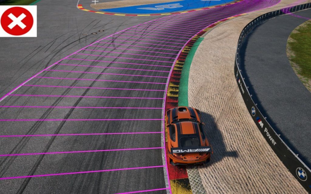 A Mercedes-AMG GT3 going out of bounds on a corner with a purple set of lines defining where the track is.