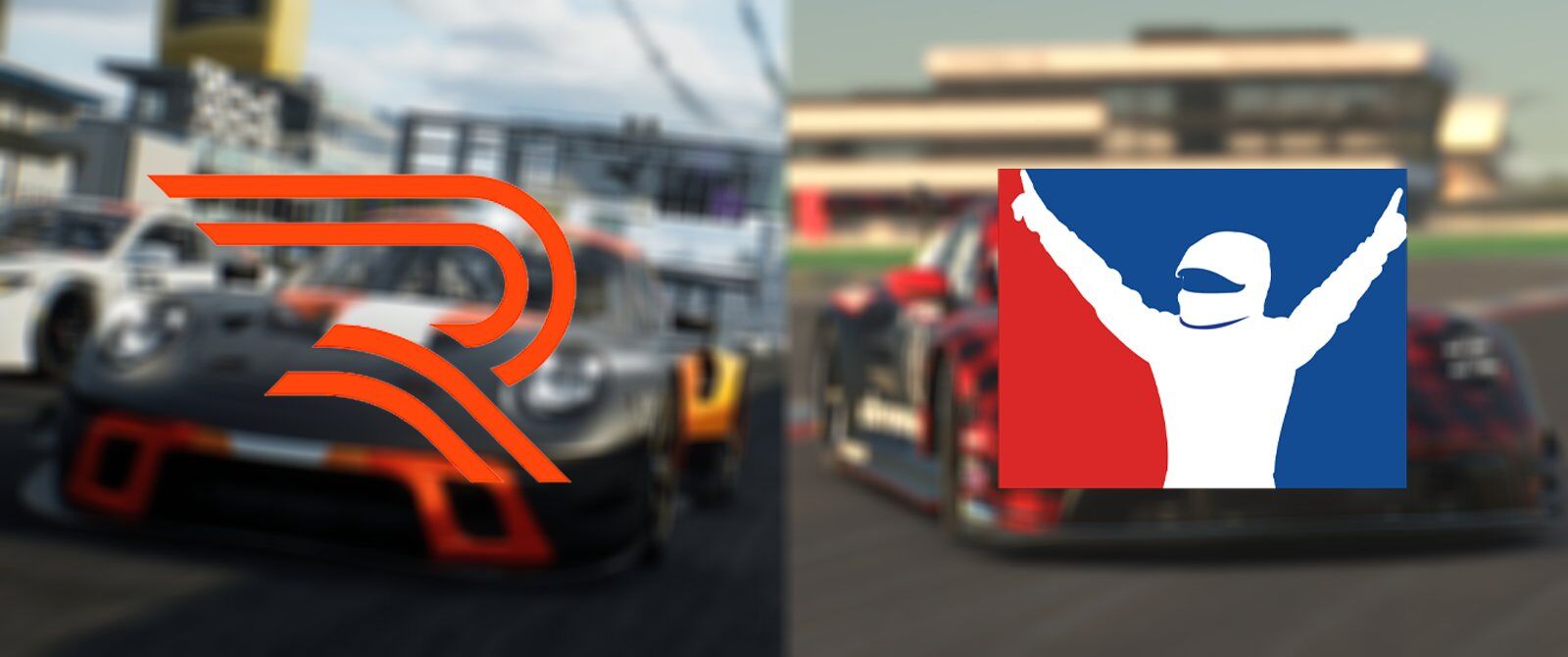 The Rennsport logo on the left and iRacing logo on the right, with two blurry pictures in the background of each corresponding logo's placement of a Porsche 911 GT3 R 992 on Rennsport and iRacing.