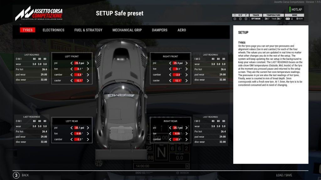 A menu on the racing game Assetto Corsa Competizione showing tyre pressures.