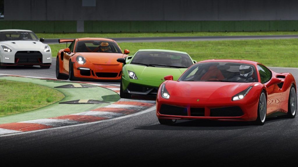 From right to left: a red Ferrari 488, an orange Lamborghini Gallardo, an orange Porsche 911 and a white Nissan GT-R, all respectively behind each other on a racetrack.