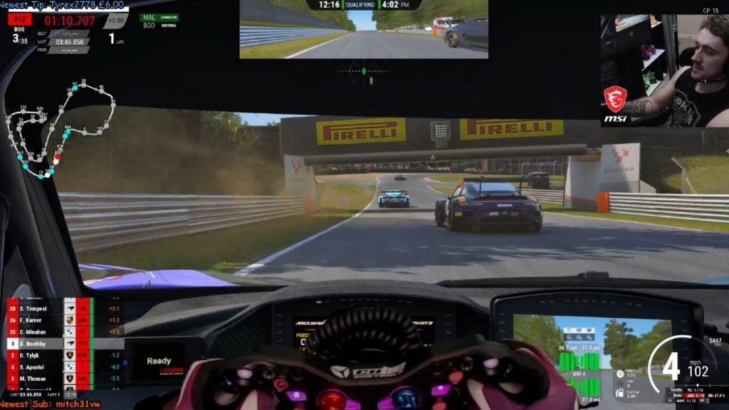 An onboard POV on ACC showing traffic towards the last corner of Brands Hatch.