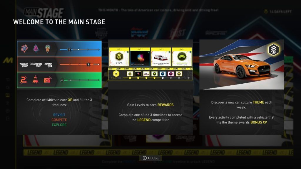 A menu in The Crew Motorfest with the text 'Welcome to the Main Stage'.
