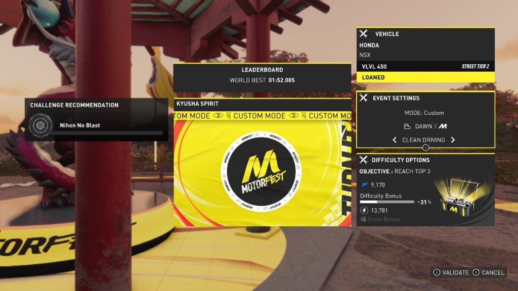 A pre-race menu in The Crew Motorfest with a tab saying Event Settings and an option called Clean Driving enabled