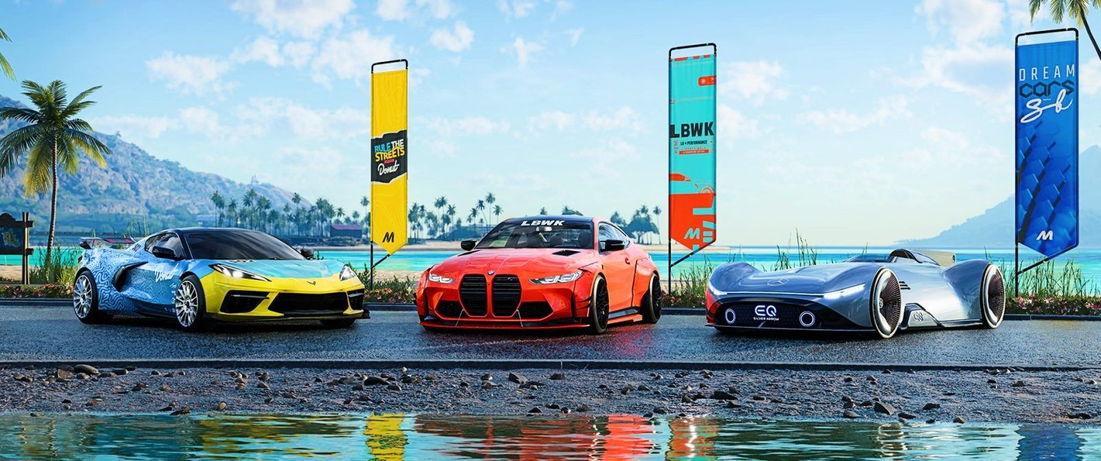 A Corvette C8, BMW M4 and Mercedes EQ Silver Arrow in a row.