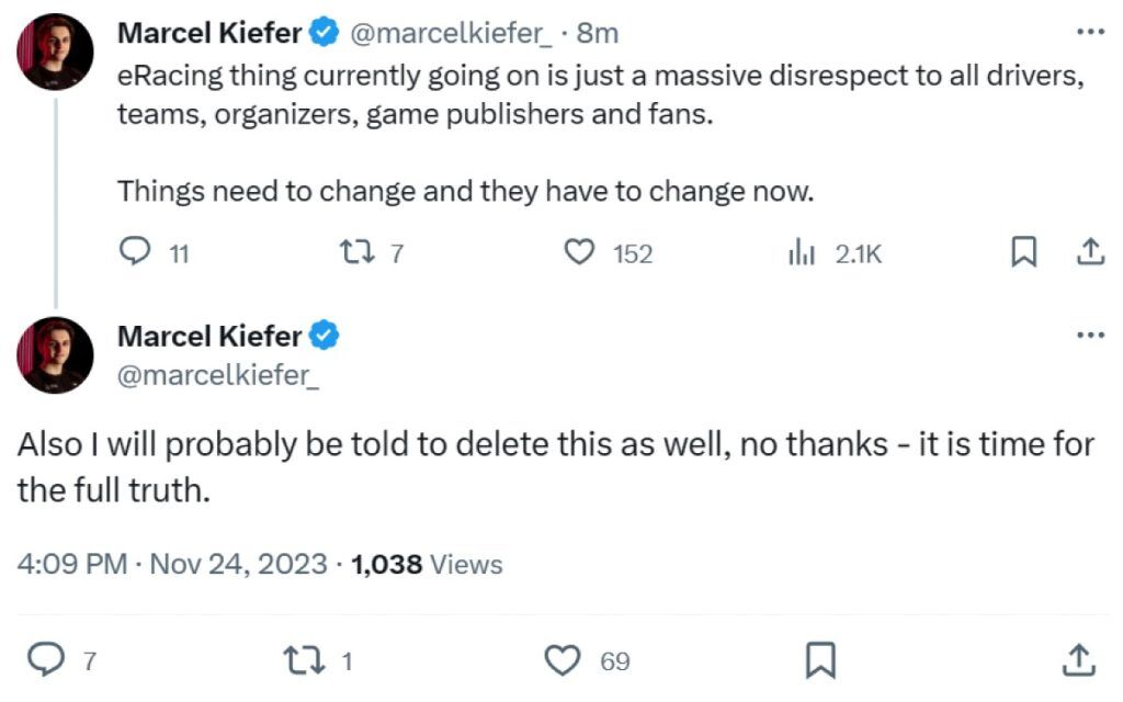 A social post saying "eRacing thing currently going on is just a massive disrespect to all drivers, teams, organizers, game publishers and fans. Things need to change and they have to change now." followed by a tweet acknowledging that it may be deleted after a request.