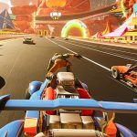 A selection of cars driving at speed with characters crouching on the top of all the cars.