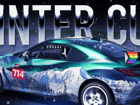 A Toyota GR86 sportscar with snowy mountains on the side and bold text saying 'Winter Cup' above it.