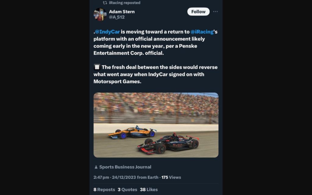 A tweet claiming iRacing are in negotiations with IndyCar.