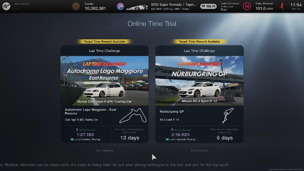 A menu in Gran Turismo 7 showing the lap time challenge mode.