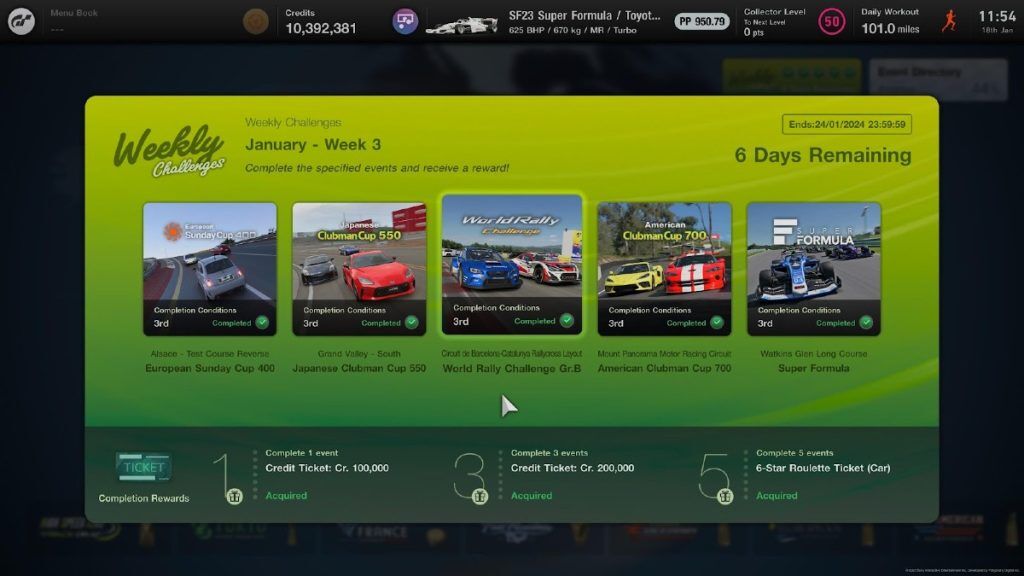 An in-game menu on Gran Turismo 7 showing the five races as part of the weekly challenges from 18 January