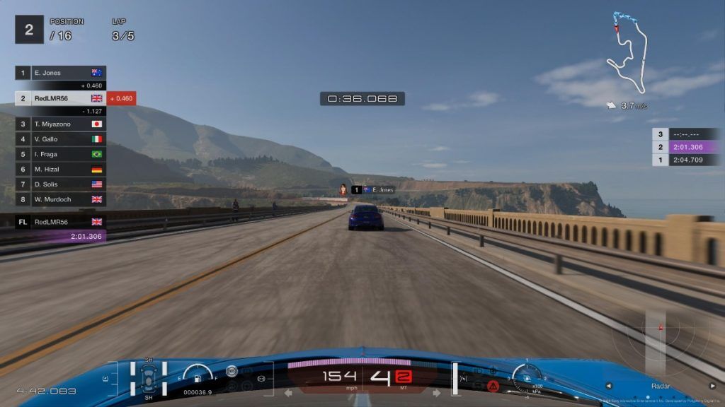 An ongoing race in Gran Turismo 7 from player POV bonnet cam.