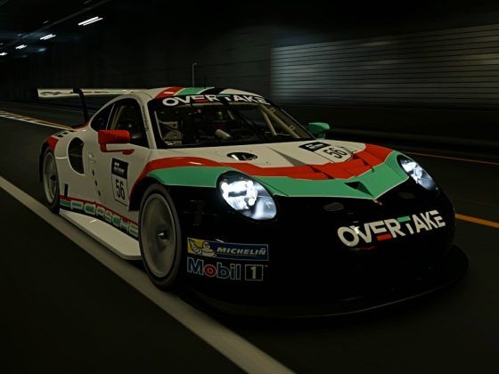 A Porsche racing car in the colours of OverTake gg