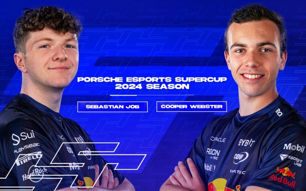 Two people in blue shirts in front of a blue background saying 'Porsche Esports Supercup 2024 season' with the names 'Sebastian Job' and 'Cooper Webster' written left to right respectively below it.