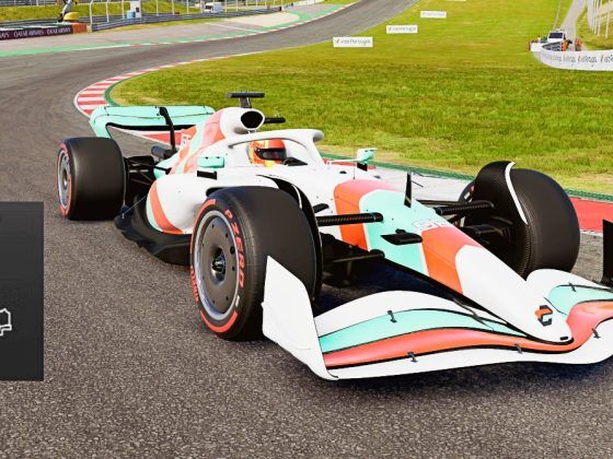 A white F1 car with orange and teal stripes with a tab saying 'Custom Setup' next to it.