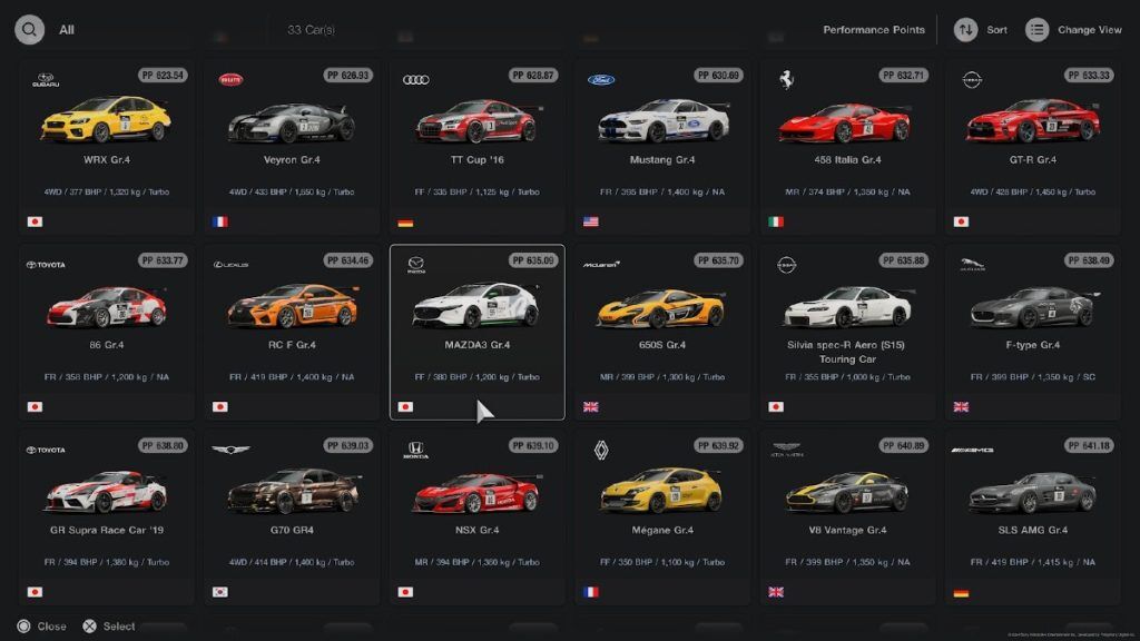 A selection of cars in the Gr. 4 category on Gran Turismo 7.