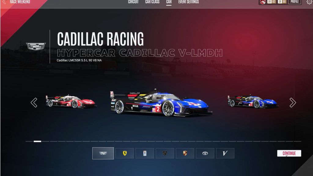 Le Mans Ultimate Car Selection screen